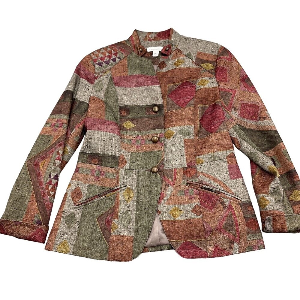 Coldwater Creek Jacket Women Medium Rust Green Herringbone Tweedy Patch Boho